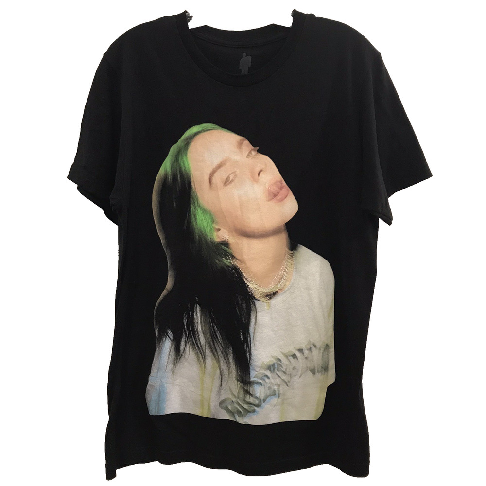 Billie Eilish T-Shirt Black Green Hair Tongue Out 2020 Size Medium Unisex